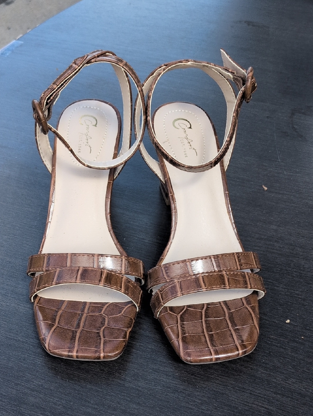Cognac Croc-Embossed Ankle Strap Heels